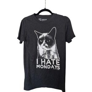 Grumpy Cat T-Shirt Mens Small Charcoal Grey Excellent I Hate Mondays Graphic Tee